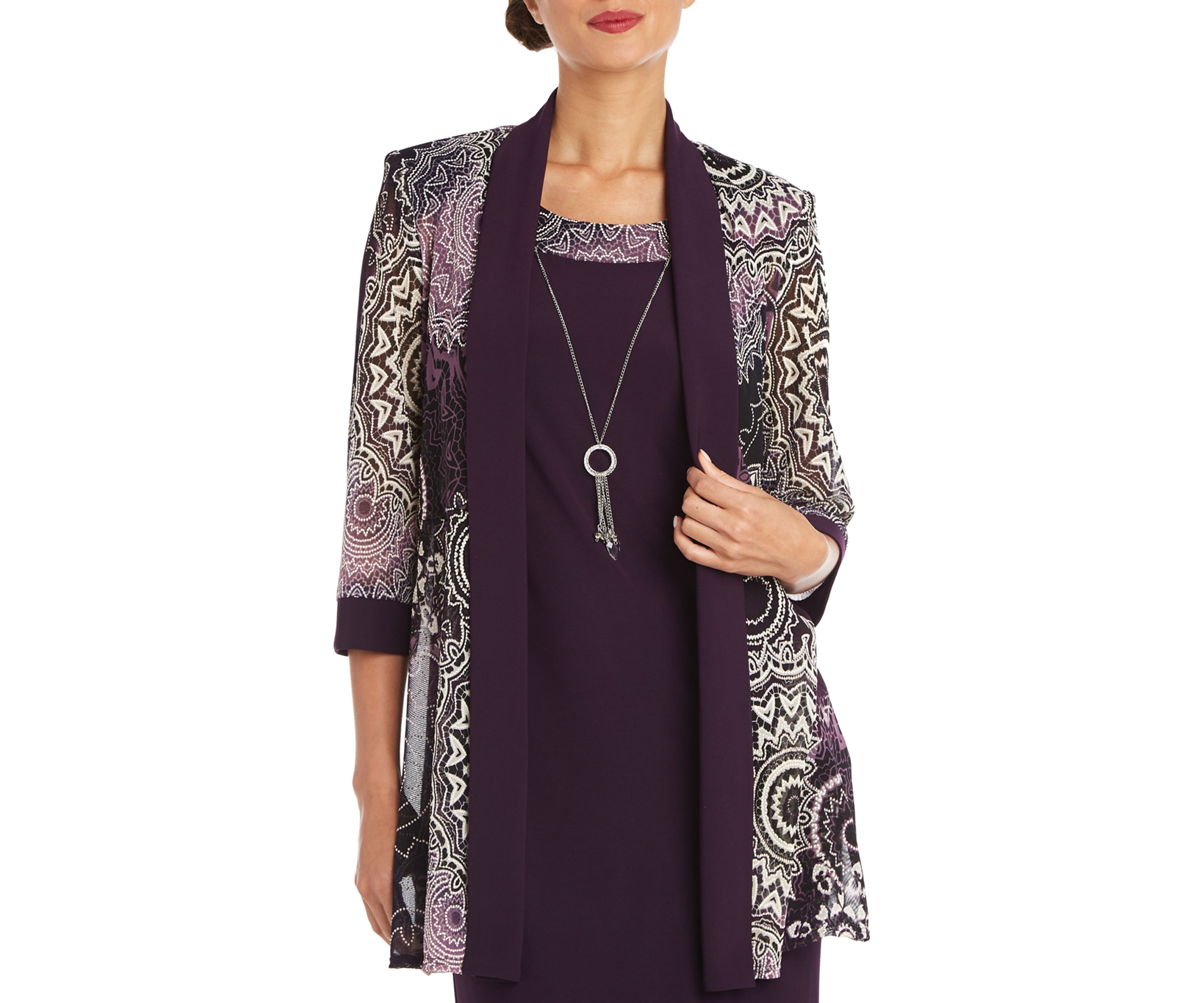 Womens 3/4 Sleeve Medallion Mesh Jacket Dress