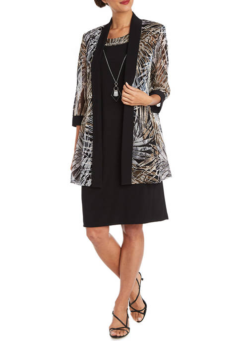 Womens Solid Sleeveless Dress and Animal Print Puff Shoulder Jacket - 2 Piece Set