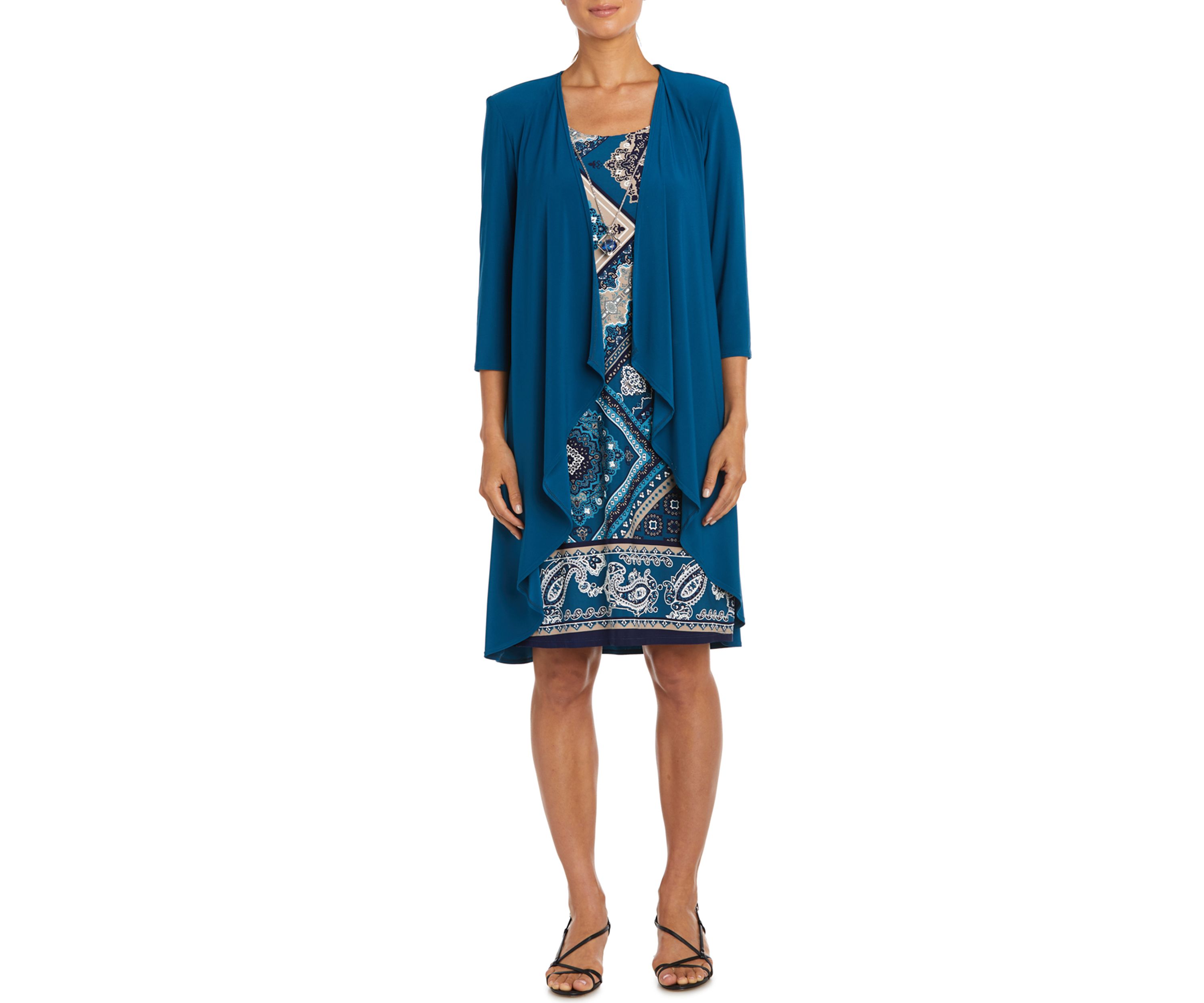Womens Geometric Paisley Print Dress with Solid 3/4 Sleeve Jacket - 2-Piece Set