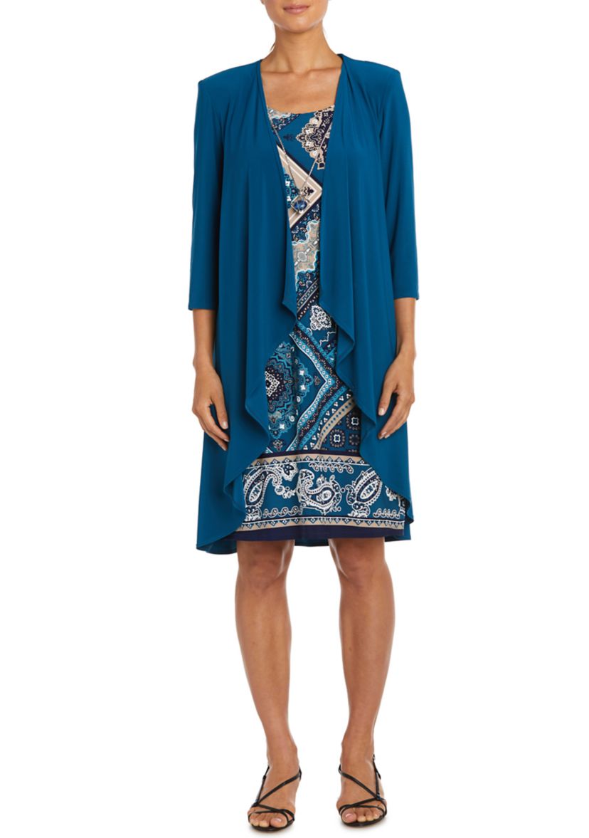 Womens Geometric Paisley Print Dress with Solid 3/4 Sleeve Jacket - 2-Piece Set