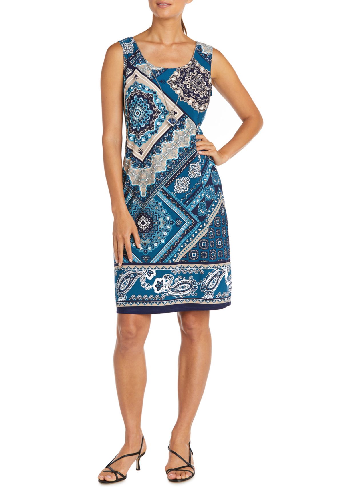 Womens Geometric Paisley Print Dress with Solid 3/4 Sleeve Jacket - 2-Piece Set