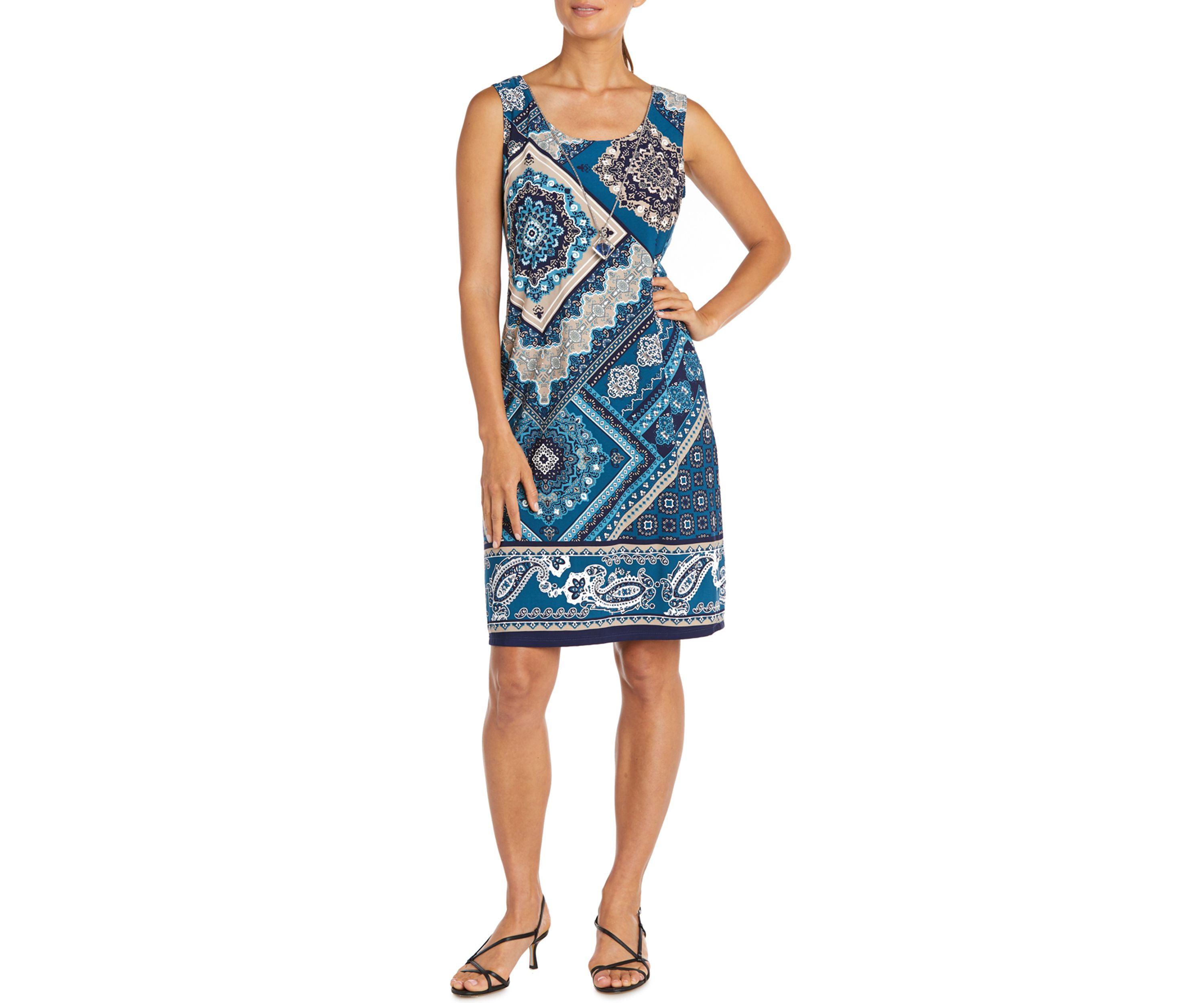 Womens Geometric Paisley Print Dress with Solid 3/4 Sleeve Jacket - 2-Piece Set