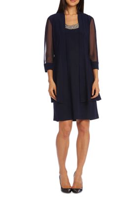 R & M Richards Petite Bead Neck Dress and Flyaway Sheer Jacket Set | belk