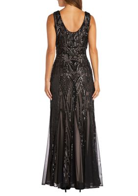 Long Beaded Dress With Contrast Lining Sleeveless V Neckline Godet Skirt