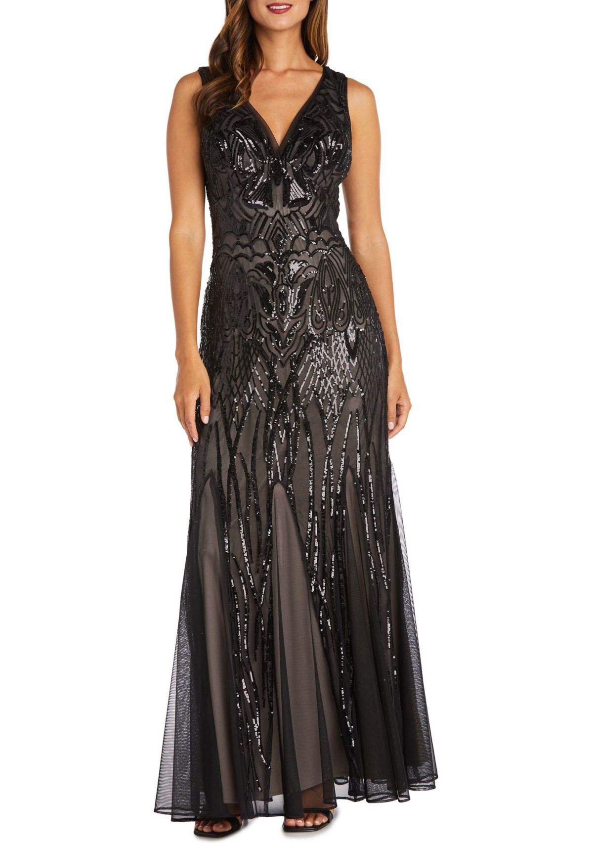 Long Beaded Dress With Contrast Lining Sleeveless V Neckline With Godet Skirt