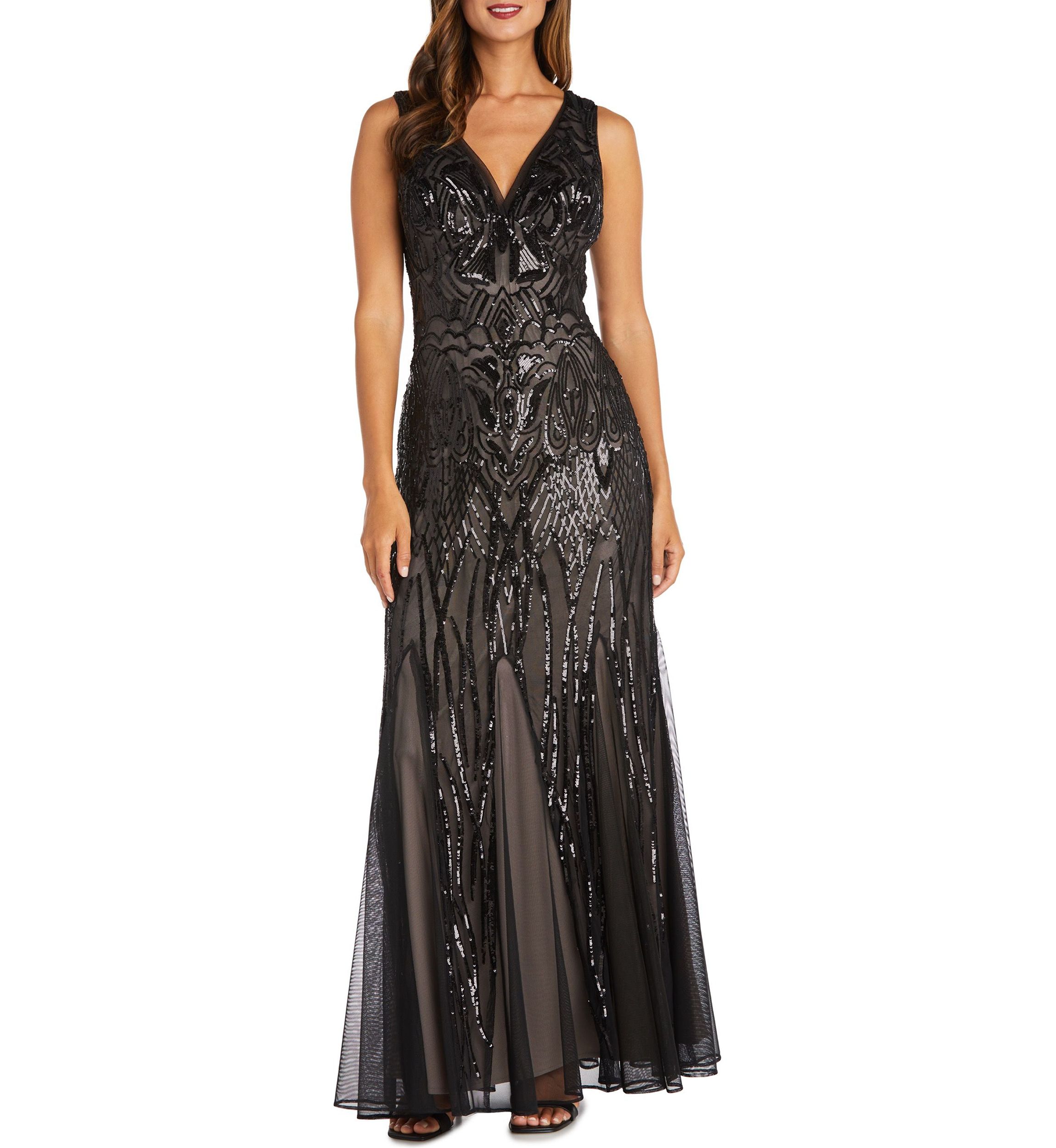 Long Beaded Dress With Contrast Lining Sleeveless V Neckline With Godet Skirt