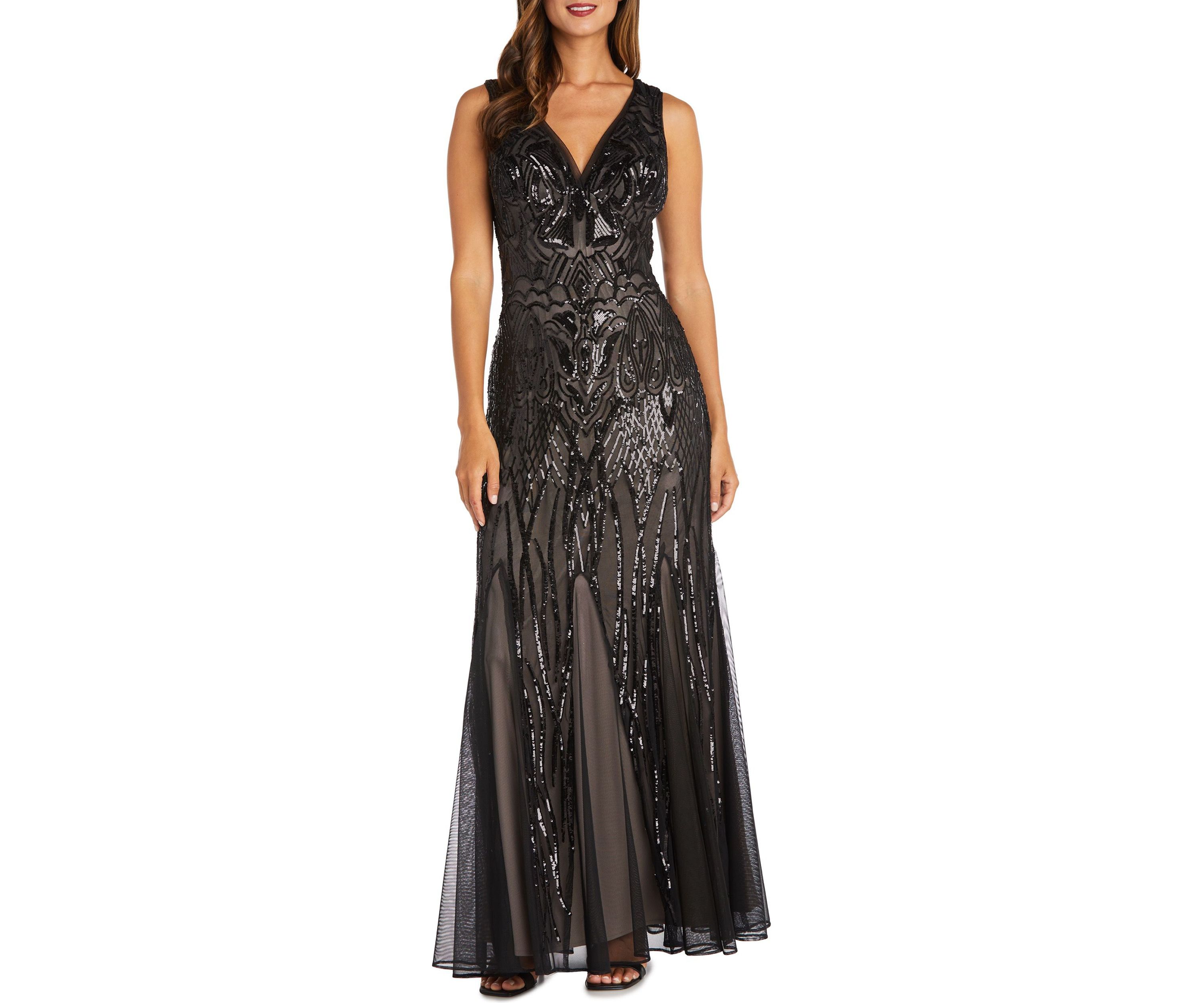 Long Beaded Dress With Contrast Lining Sleeveless V Neckline With Godet Skirt