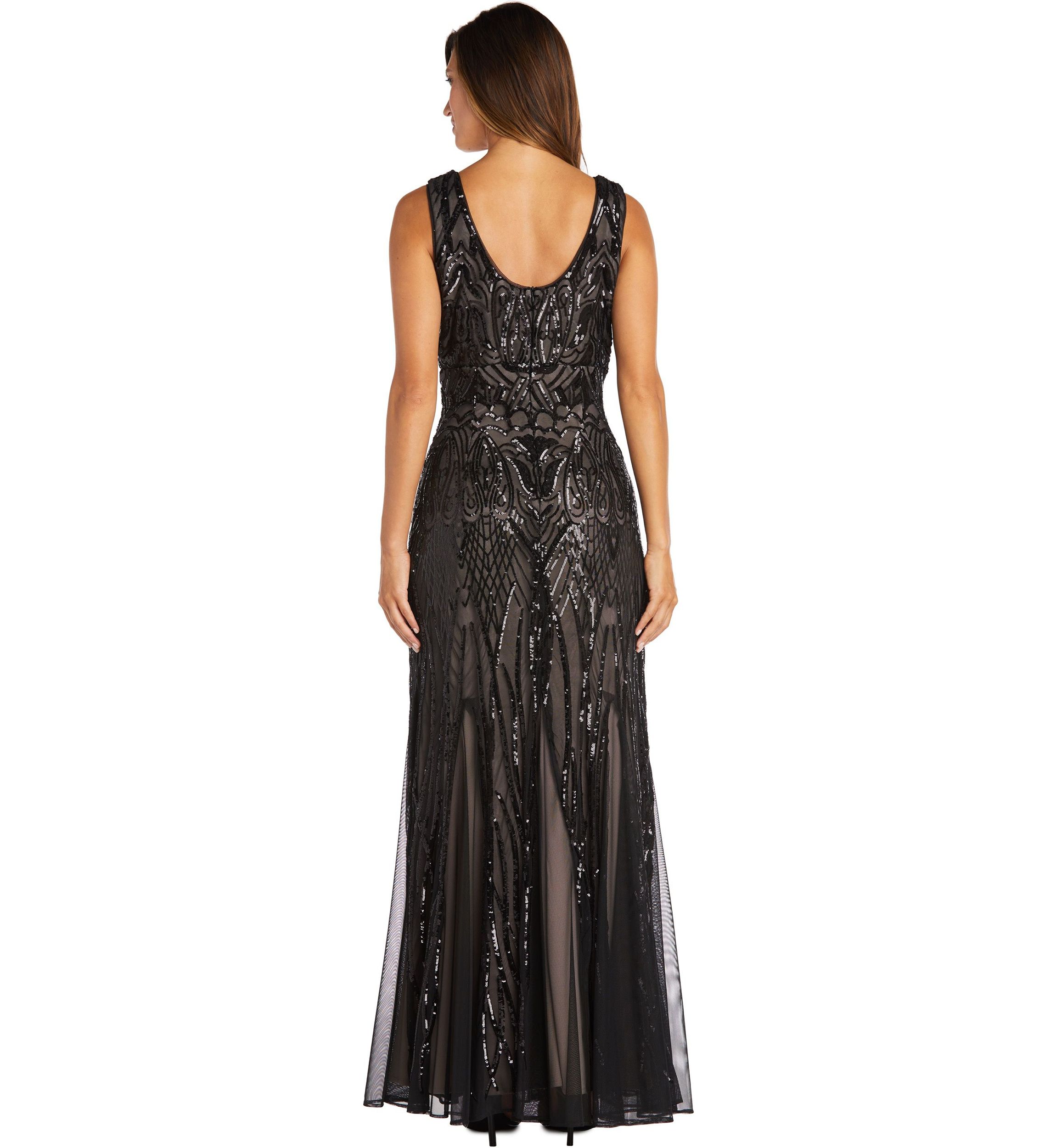 Long Beaded Dress With Contrast Lining Sleeveless V Neckline With Godet Skirt