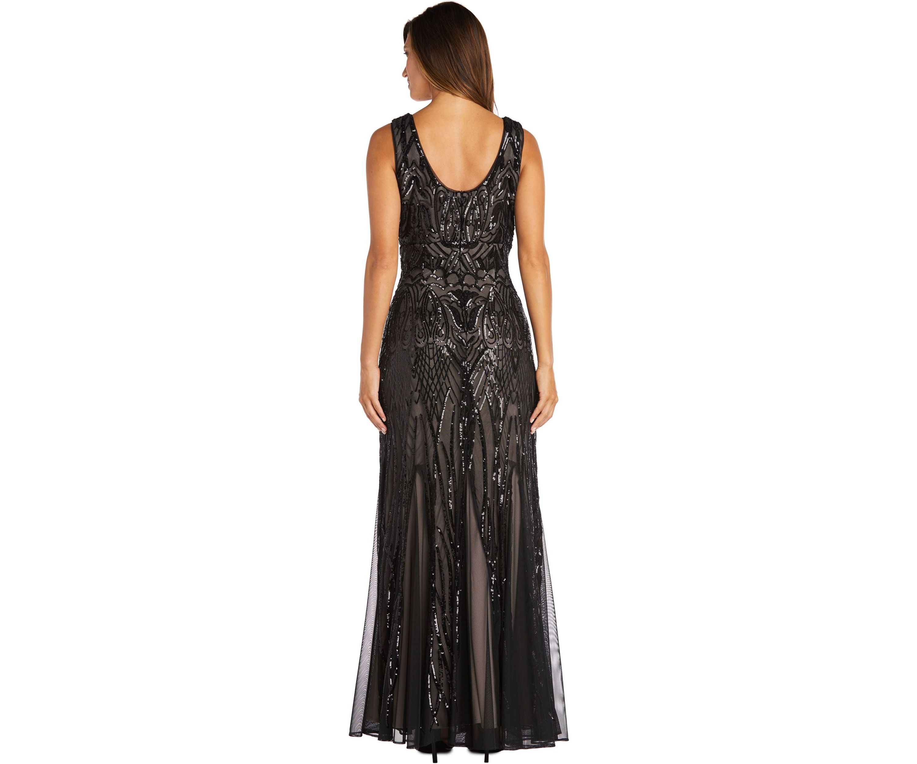 Long Beaded Dress With Contrast Lining Sleeveless V Neckline With Godet Skirt