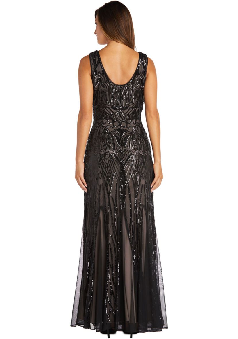 Long Beaded Dress With Contrast Lining Sleeveless V Neckline With Godet Skirt