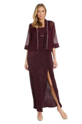 2Pc Long Crinkle Pleated Jacket Dress With Sheer Mesh Trimmed Fabric