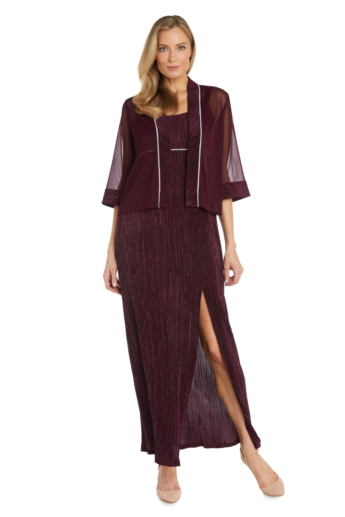 2Pc Long Crinkle Pleated Jacket Dress With Sheer Mesh Jacket Trimmed In Crinkle Fabric