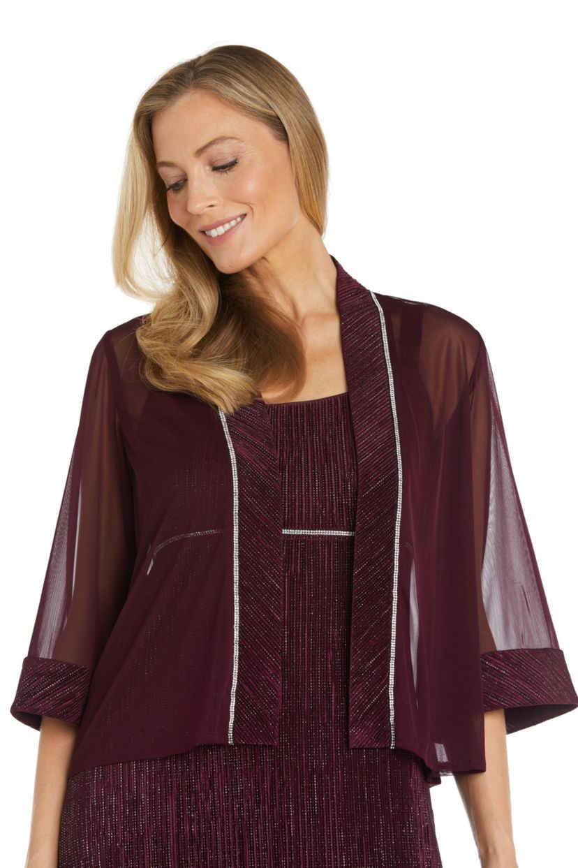 2Pc Long Crinkle Pleated Jacket Dress With Sheer Mesh Jacket Trimmed In Crinkle Fabric