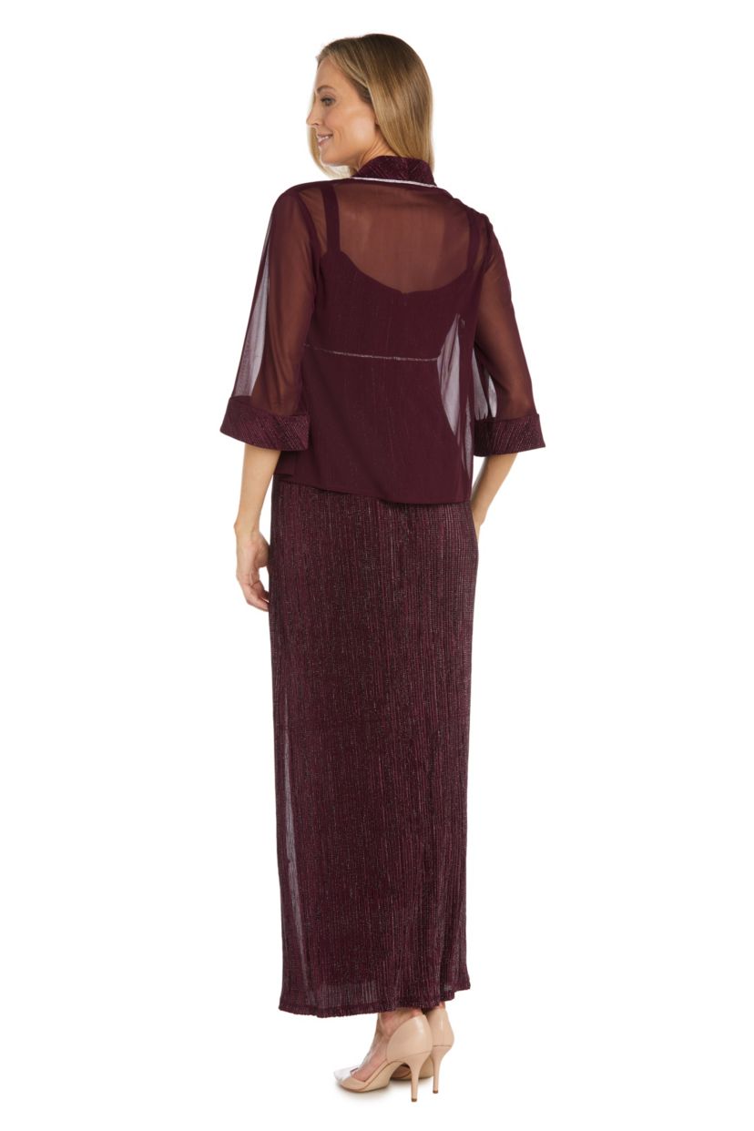 2Pc Long Crinkle Pleated Jacket Dress With Sheer Mesh Jacket Trimmed In Crinkle Fabric
