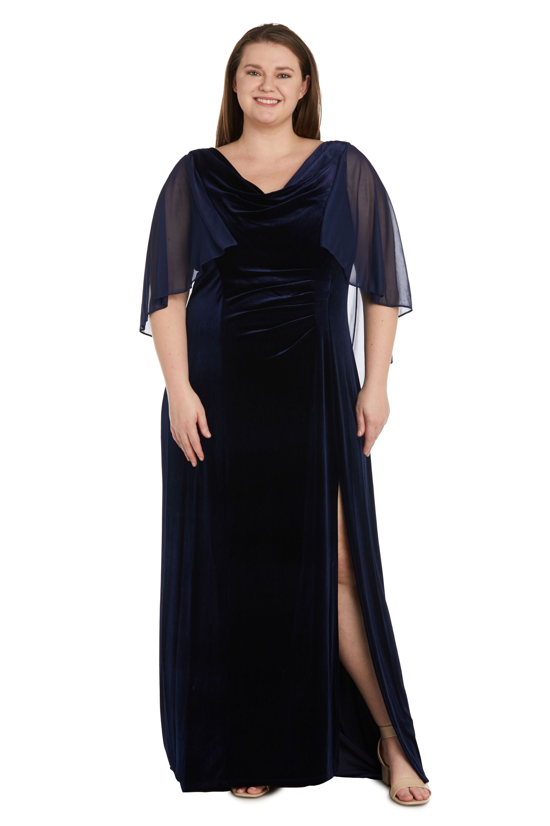 1Pc Velvet And Chiffon Side Drape Cowl Neck Caplet Long Dress