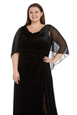 1Pc Velvet And Chiffon Side Drape Cowl Neck Caplet Long Dress