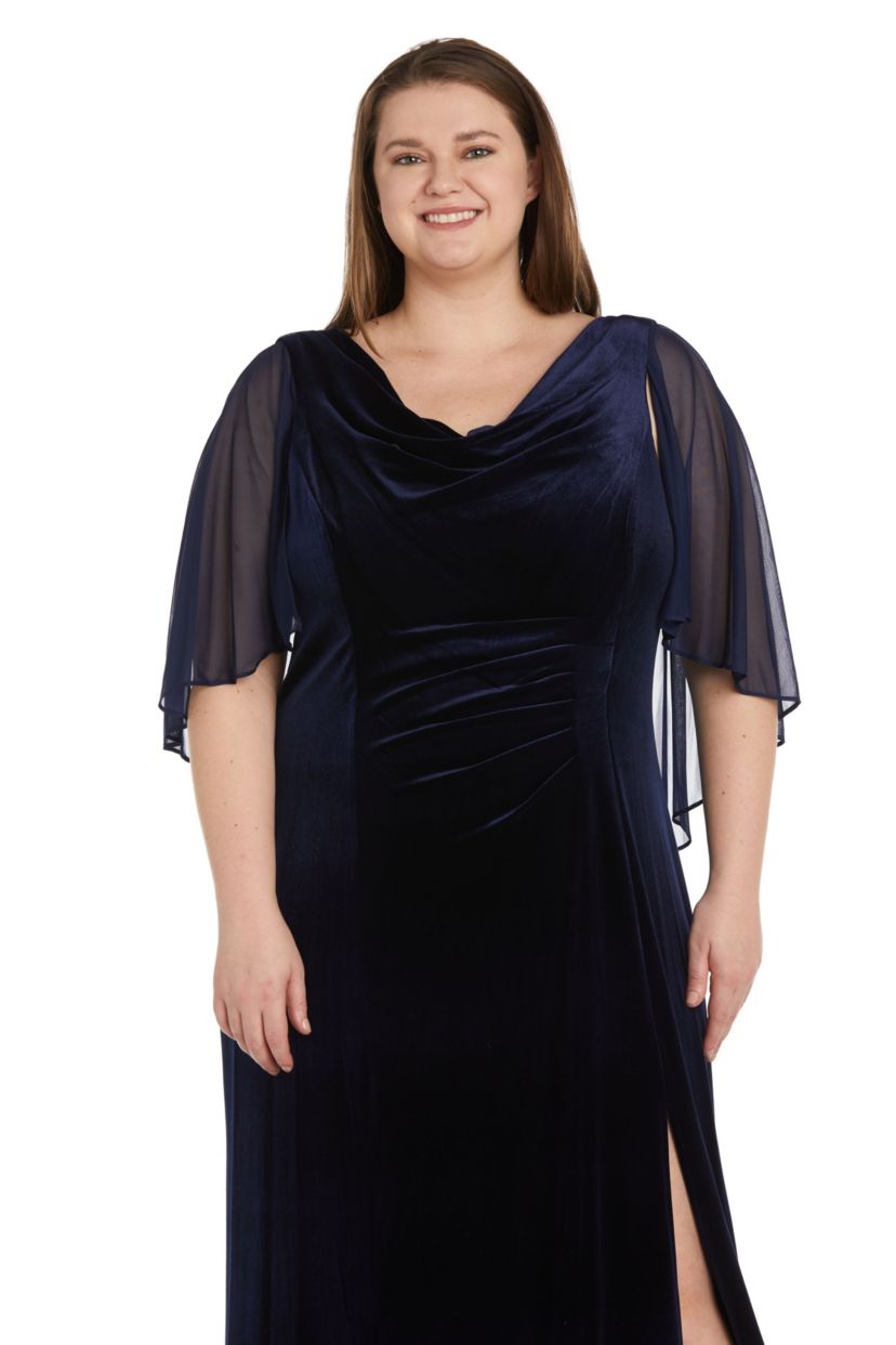 1Pc Velvet And Chiffon Side Drape Cowl Neck Caplet Long Dress
