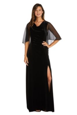 1Pc Velvet And Chiffon Side Drape Cowl Neck Caplet Long Dress