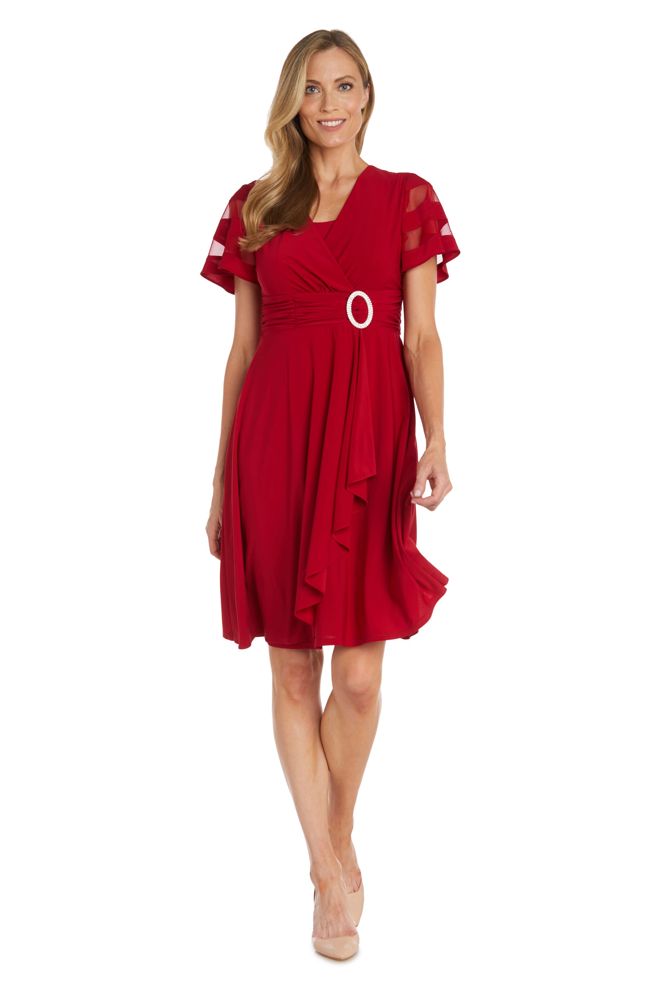 1Pc Cascade Wrap Dress With Sleeve Detail And Rhinestone Buckle