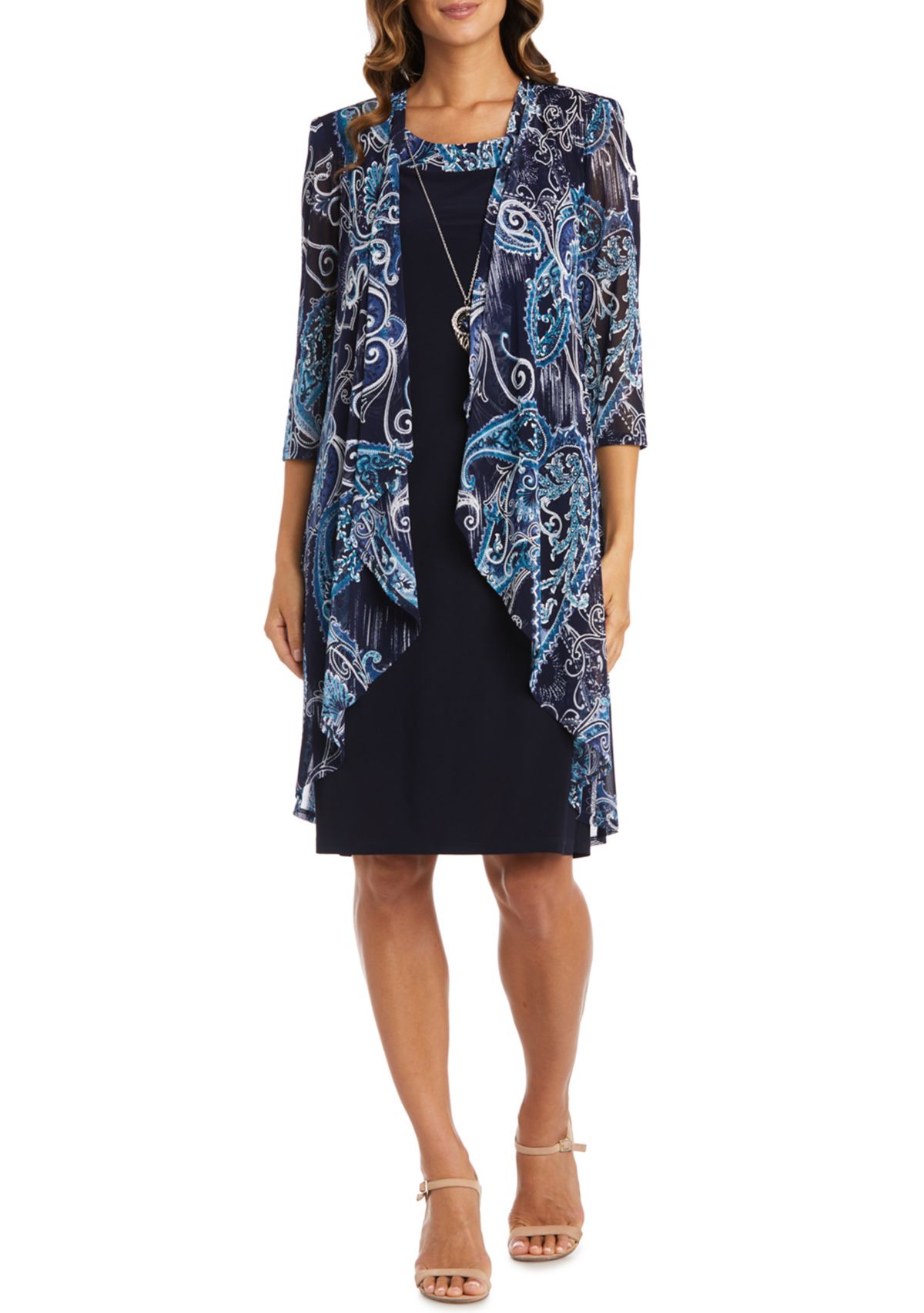Womens Printed Mesh Jacket Dress with Necklace 