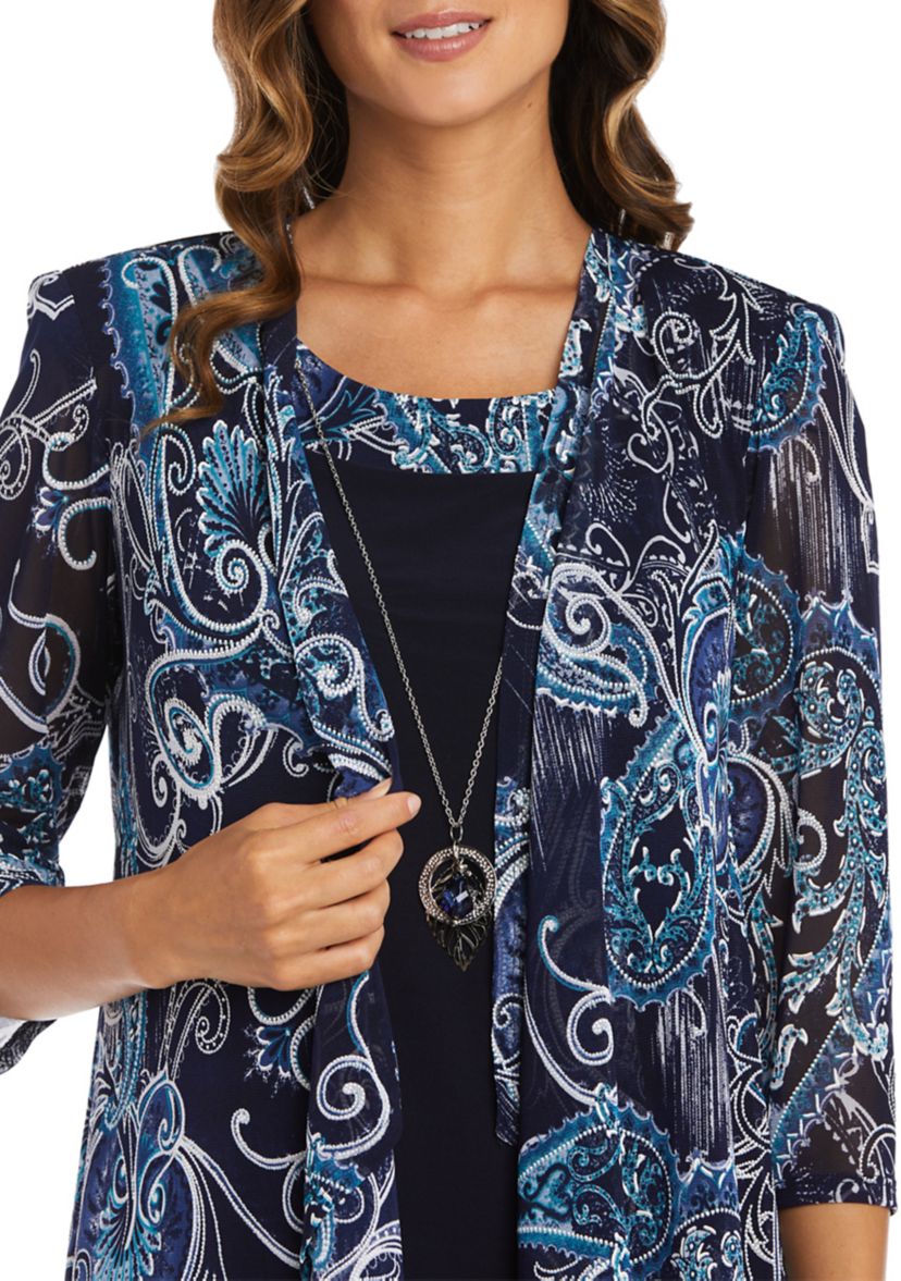 Womens Printed Mesh Jacket Dress with Necklace 