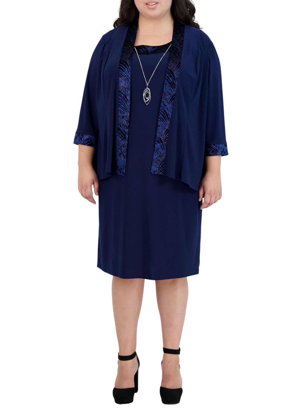 2Pc Banded Glitter Velvet Trim Hilo Jacket Dress