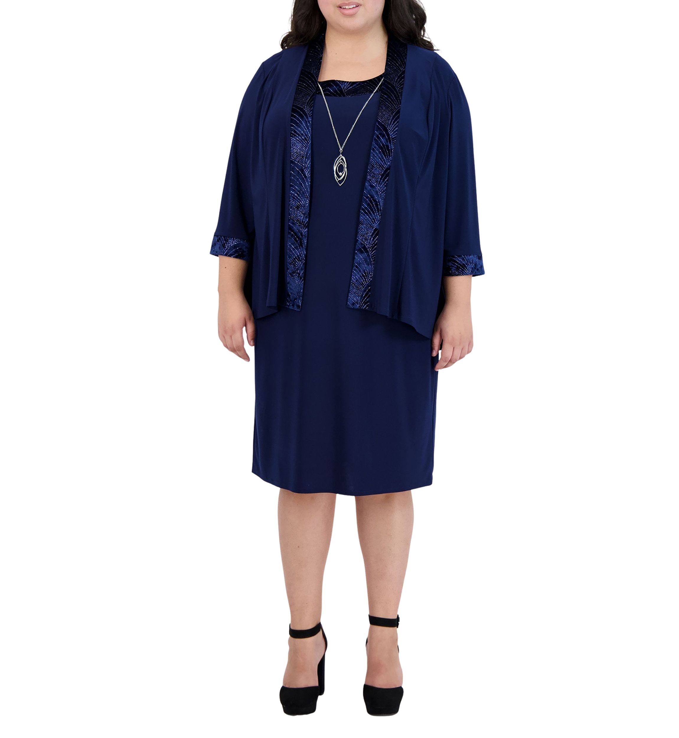 2Pc Banded Glitter Velvet Trim Hilo Jacket Dress