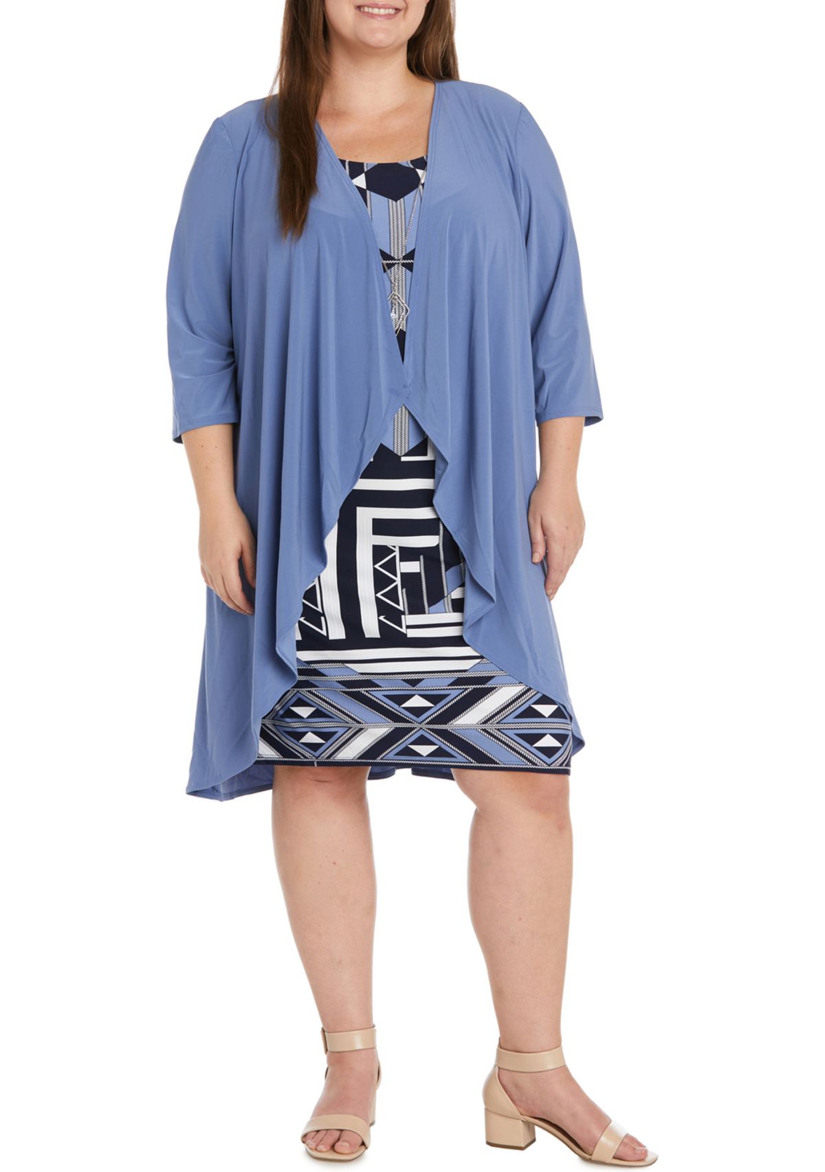 Plus Size 3/4 Sleeve Printed Dress with Drape Jacket
