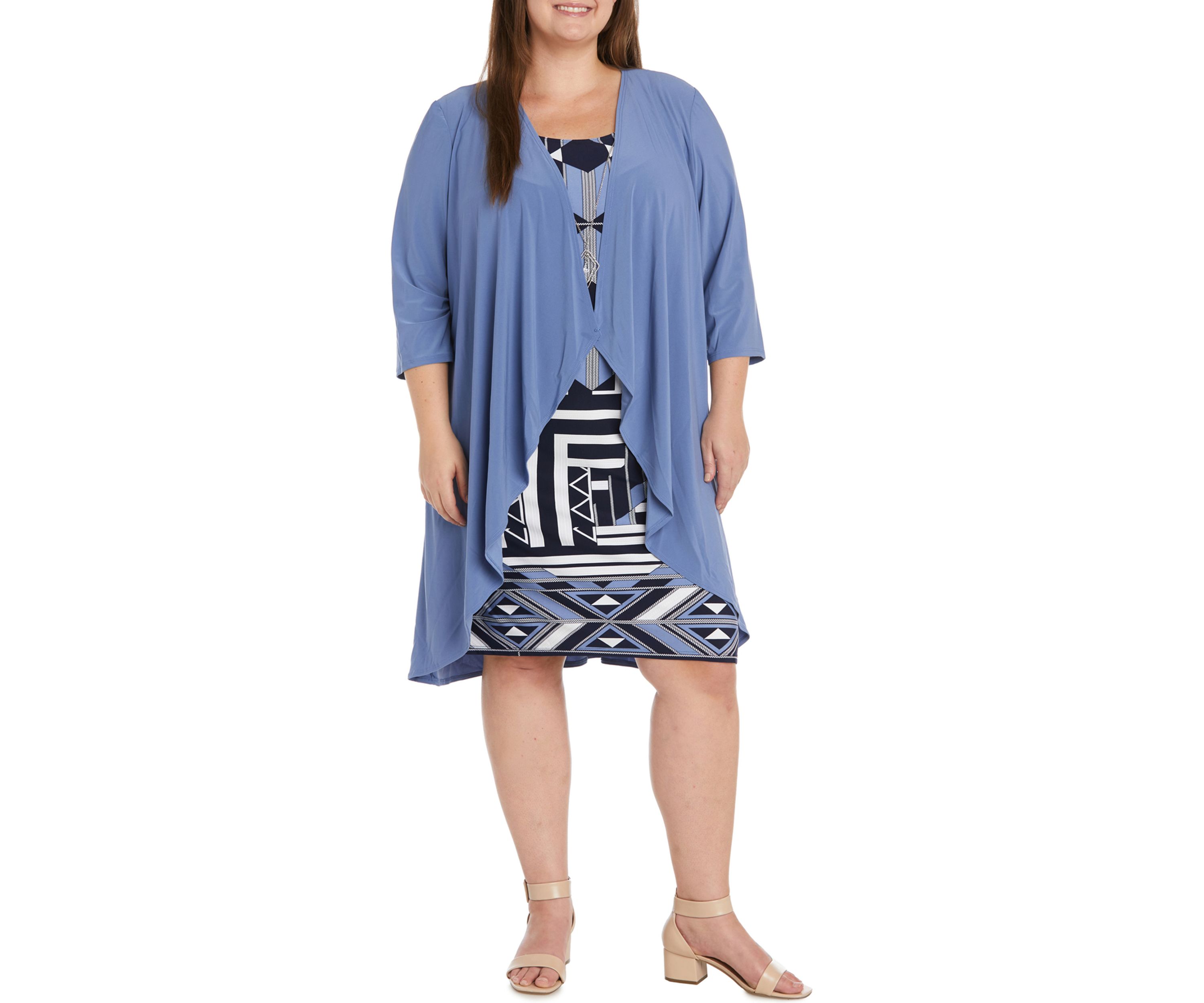 Plus Size 3/4 Sleeve Printed Dress with Drape Jacket