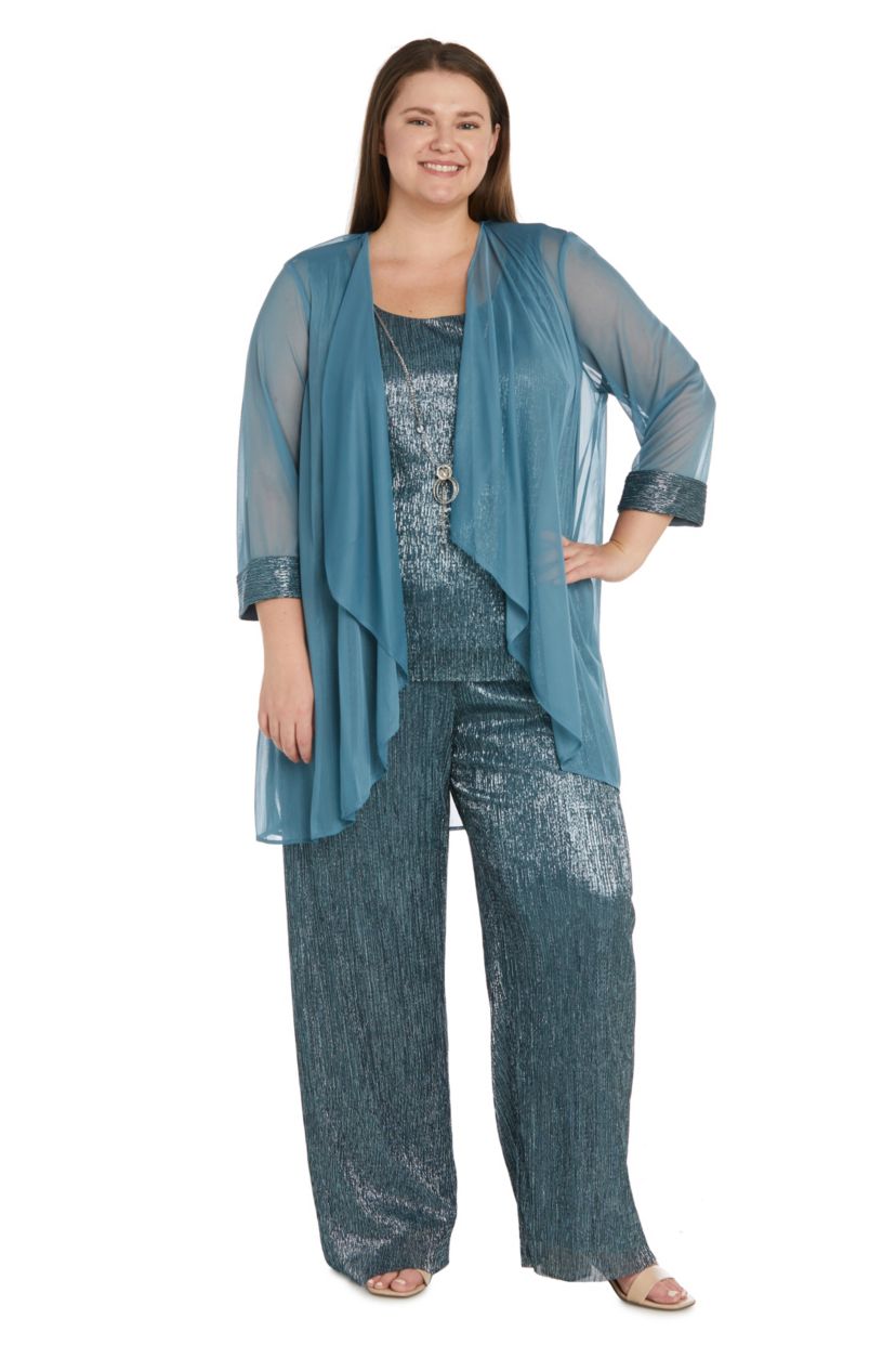 3Pc Crinkle Pantsuit With A Mesh Chiffon Jacket And Necklace