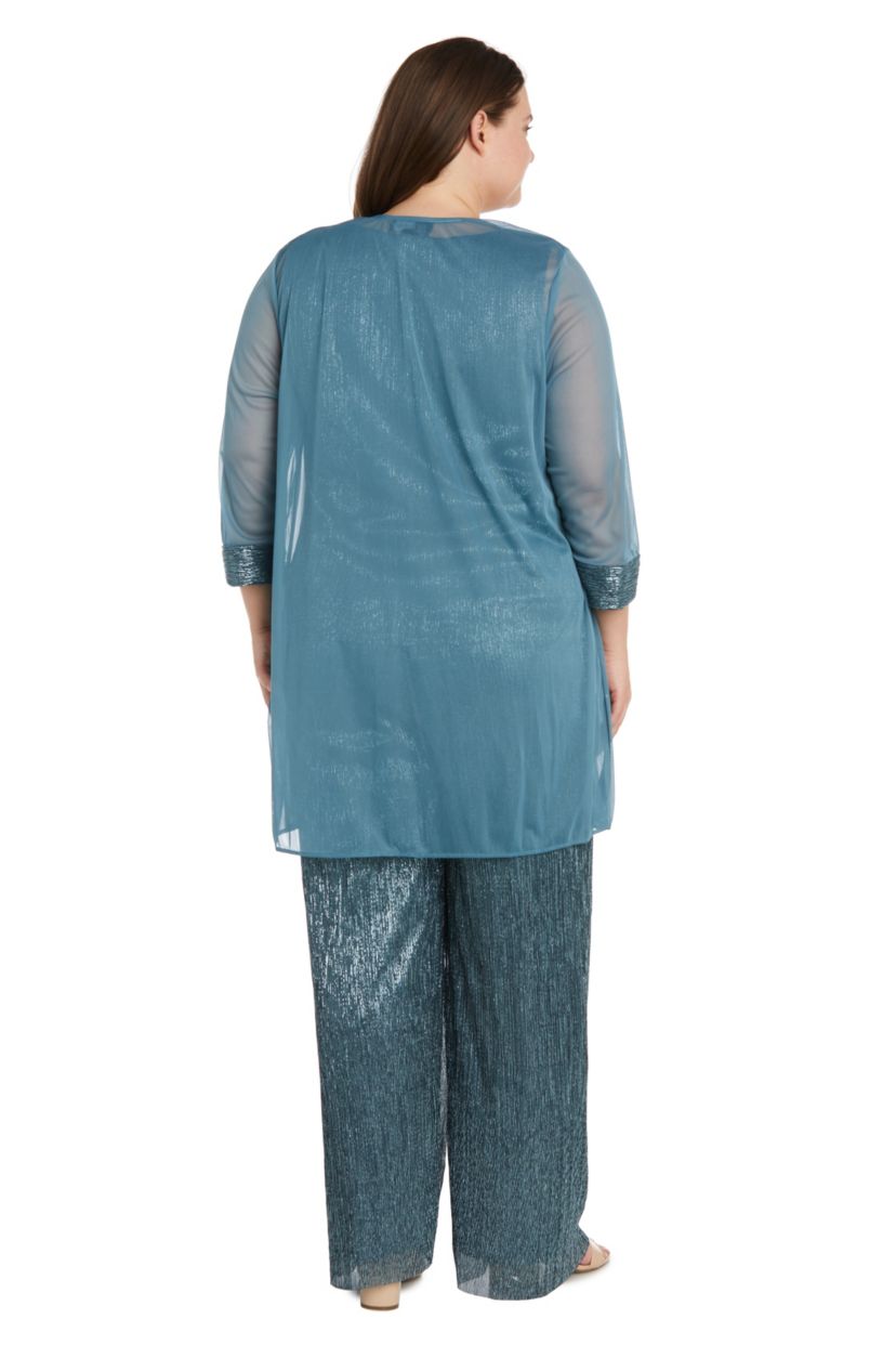 3Pc Crinkle Pantsuit With A Mesh Chiffon Jacket And Necklace
