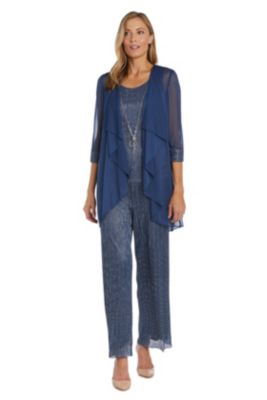 3Pc Crinkle Pantsuit With A Mesh Chiffon Jacket And Necklace