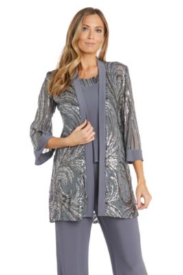 3 Pc Pantset All Over Feather Pattern Sequin Jacket W Bell Sleeves, Trim Tank And Ity Pant