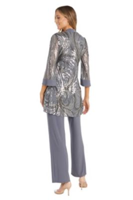 3 Pc Pantset All Over Feather Pattern Sequin Jacket W Bell Sleeves, Trim Tank And Ity Pant