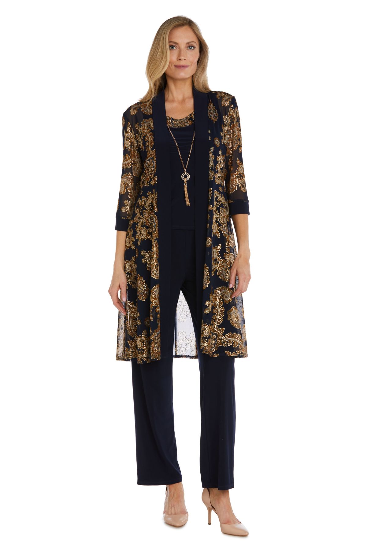 3Pc Foil Print Power Mesh And Ity Duster Pant Set