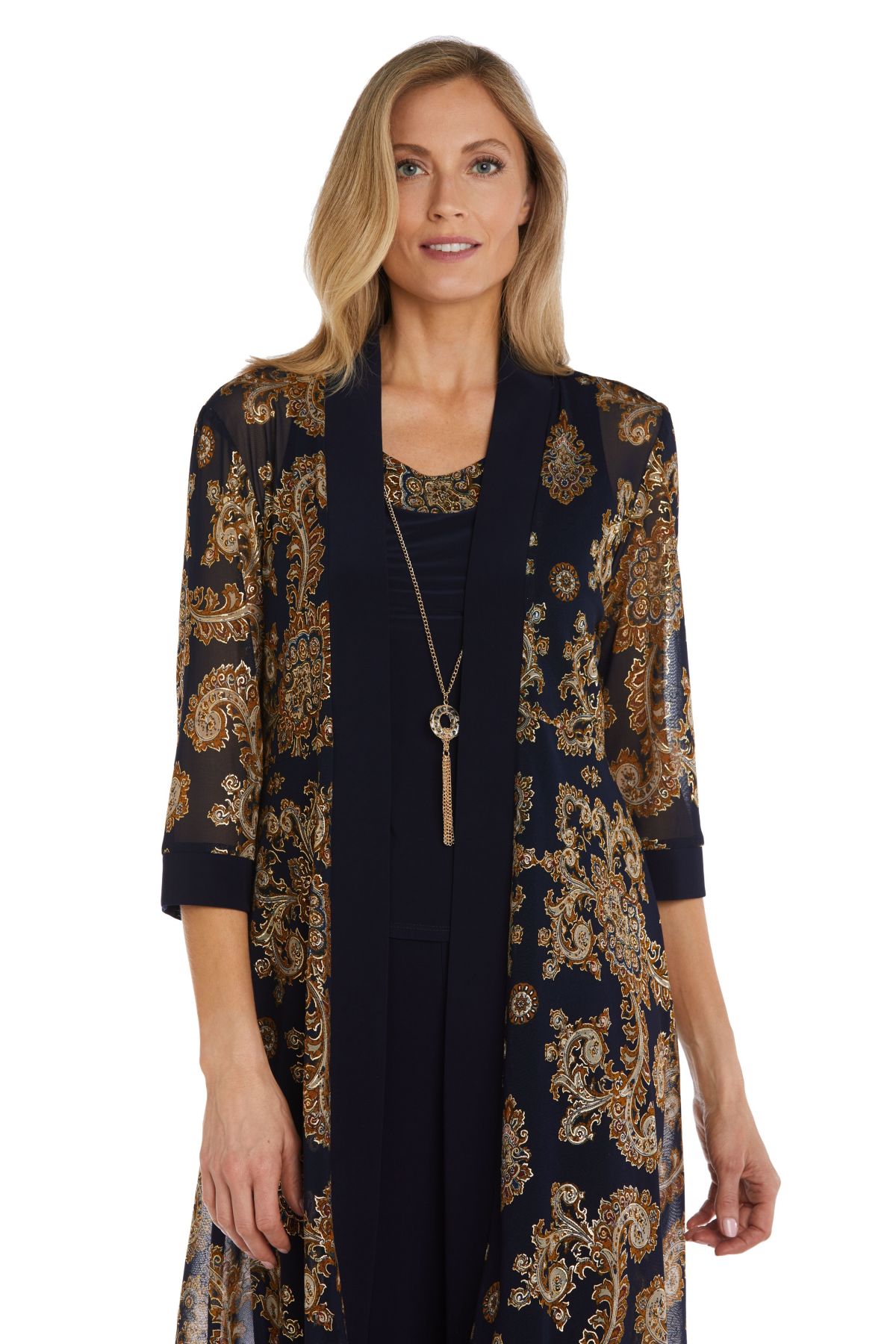 3Pc Foil Print Power Mesh And Ity Duster Pant Set