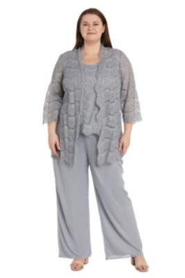 3Pc Duster Pant Suit  Lace Shell And 3 4 Sleeve Jacket W Scallop Detail Matte Jersey Chiffon