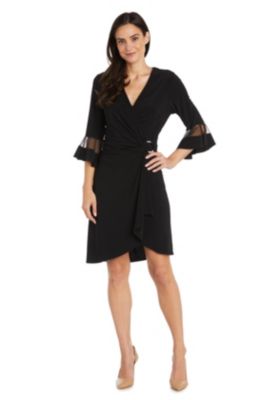 1Pc Sheer Sleeve Cascade Wrap Dress With Buckle Detail