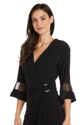 1Pc Sheer Sleeve Cascade Wrap Dress With Buckle Detail