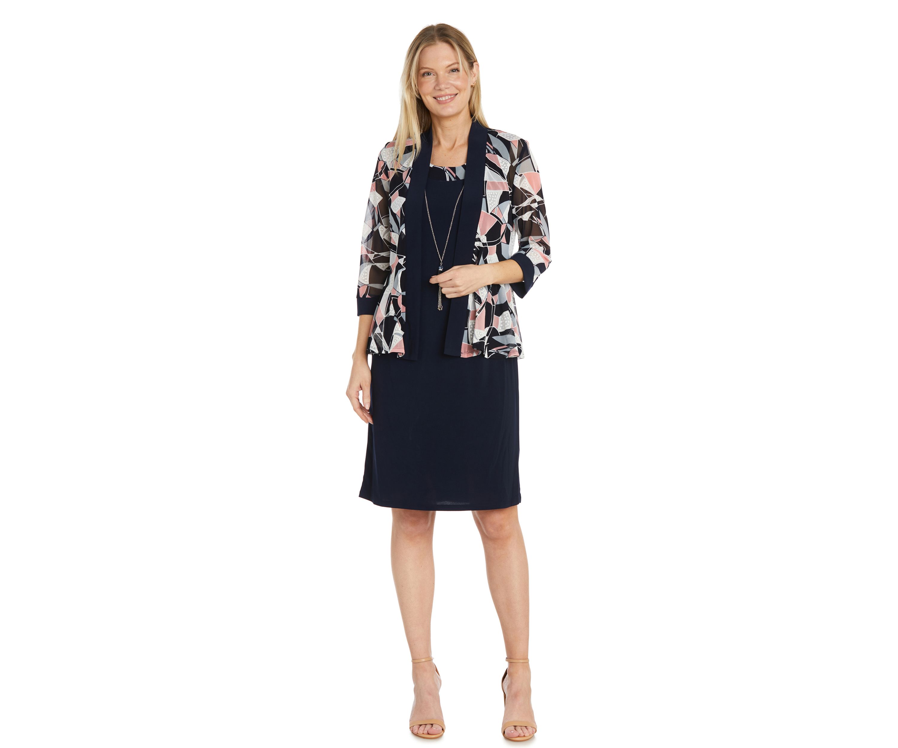 Womens 3/4 Sleeve Jacket Dress with Necklace 