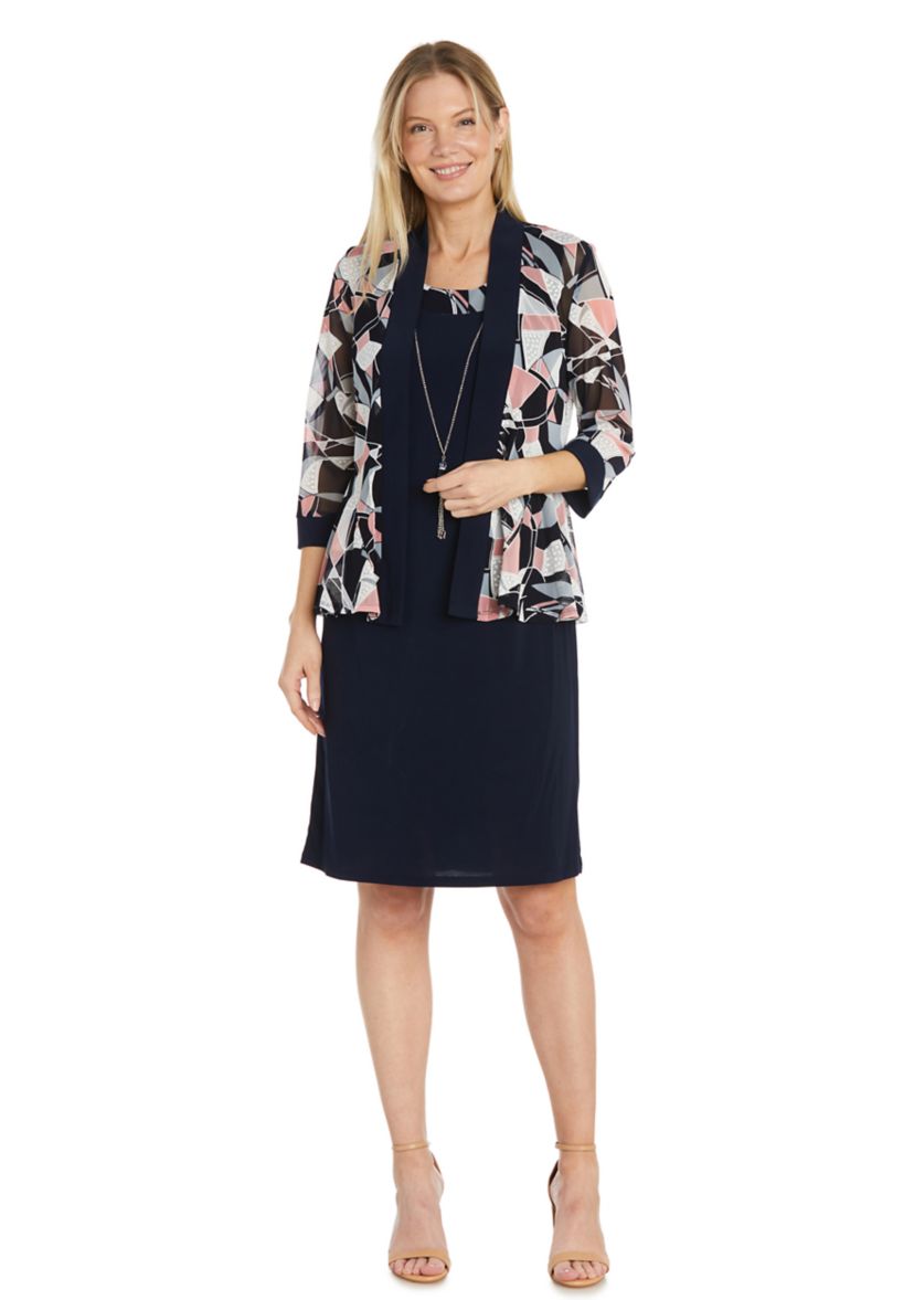 Womens 3/4 Sleeve Jacket Dress with Necklace 