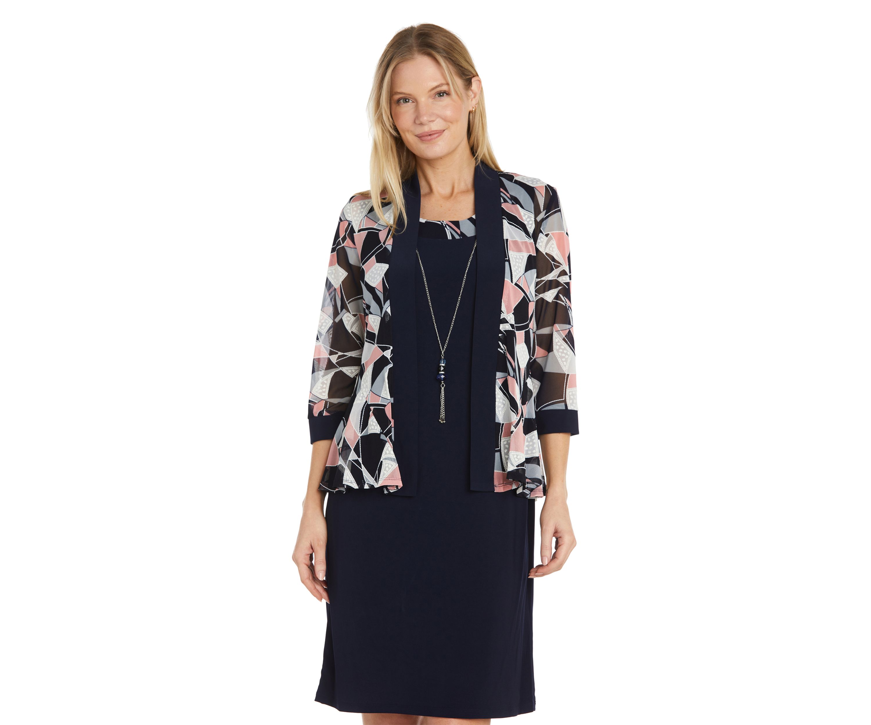 Womens 3/4 Sleeve Jacket Dress with Necklace 