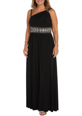 R & M Richards Women's One-Shoulder Beaded Gown