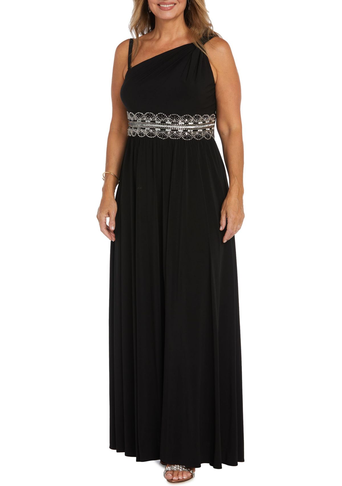 Womens One-Shoulder Beaded Gown 