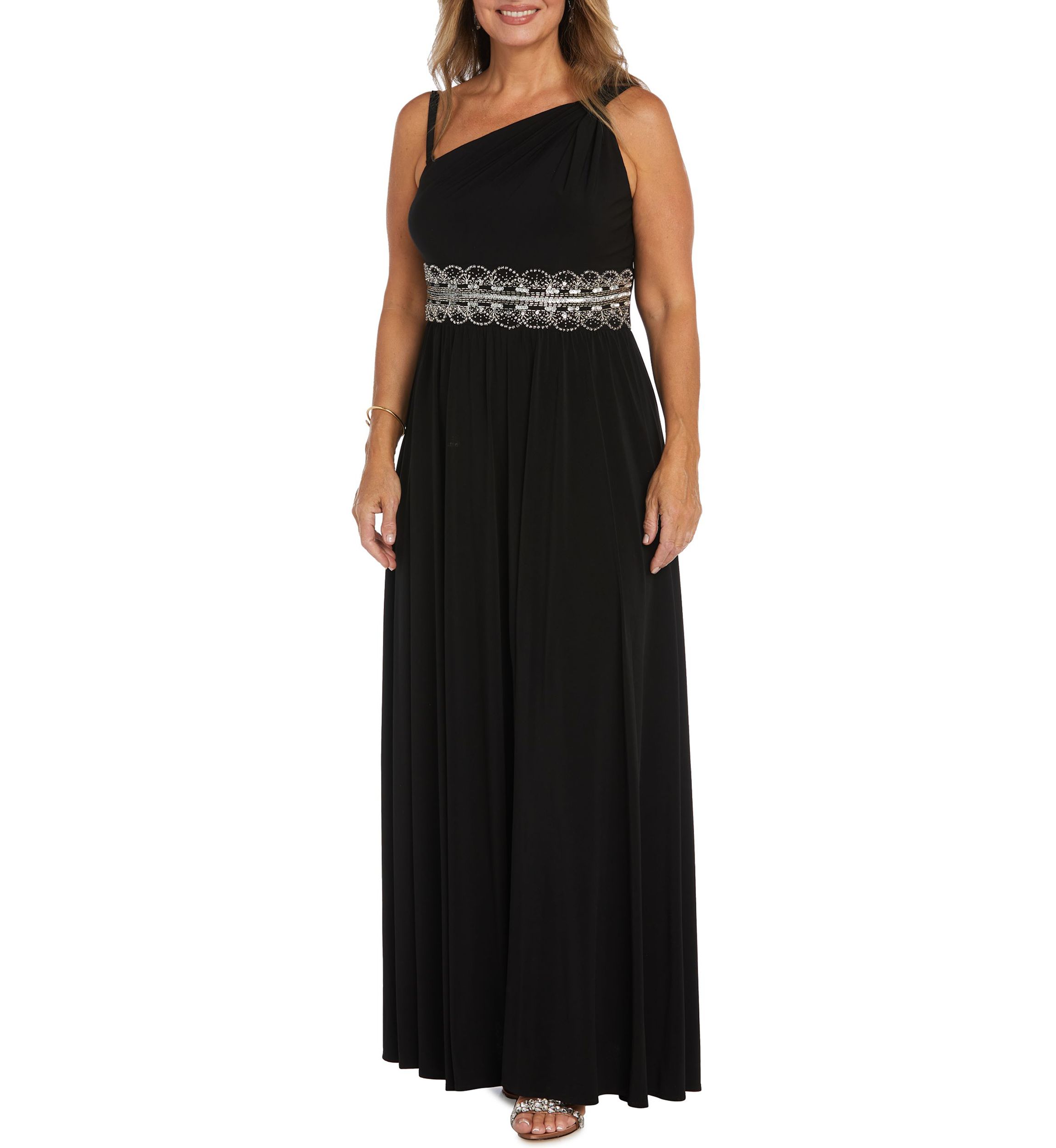 Womens One-Shoulder Beaded Gown 