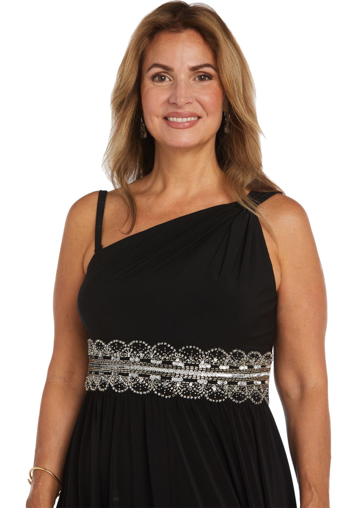 Womens One-Shoulder Beaded Gown 