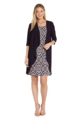 2Pc Puff Print Dress With Solid Ity Flyaway Jacket And Detachable Necklace