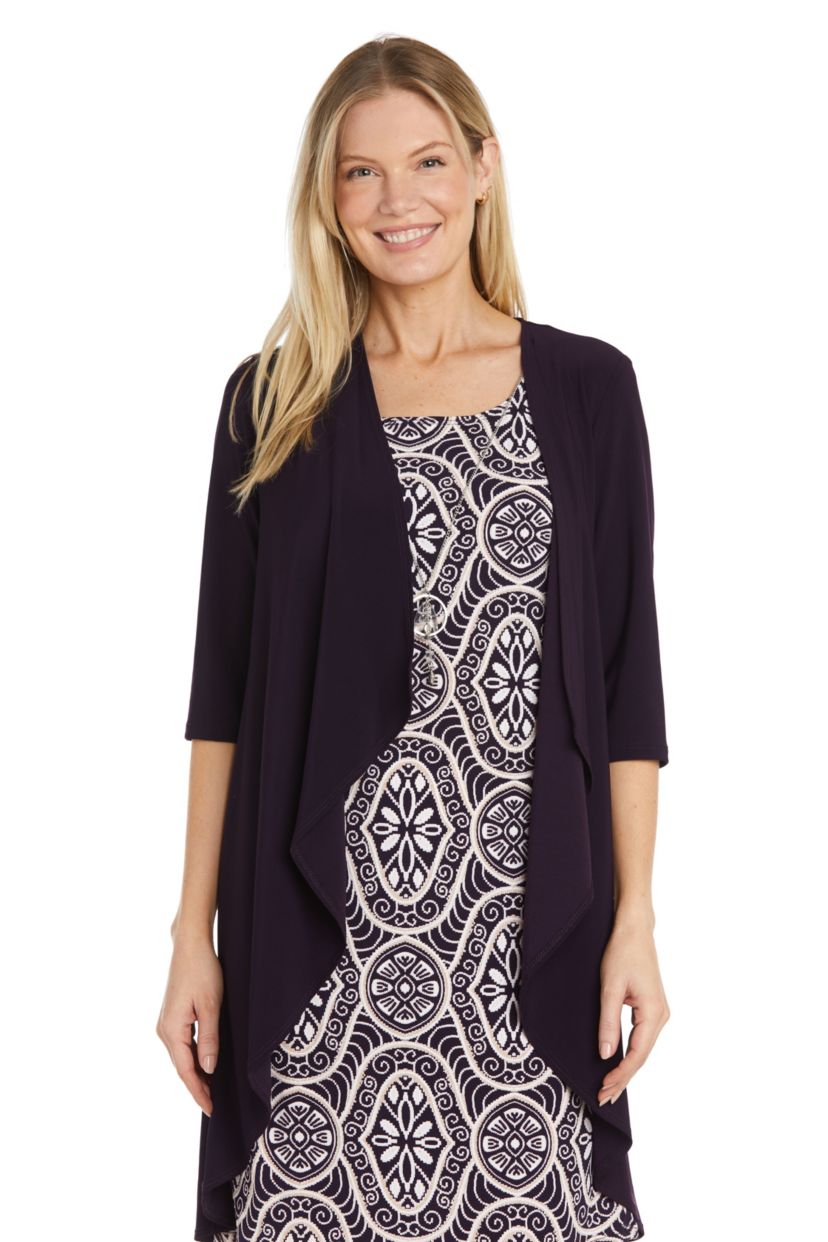 2Pc Puff Print Dress With Solid Ity Flyaway Jacket And Detachable Necklace