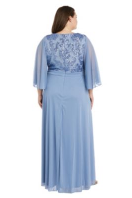 1Pc Long Fleur De Lis Emb Sequin Bodice Dress With Cape Sleeves