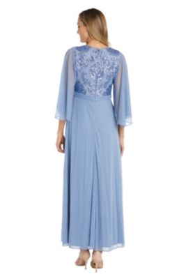 1Pc Long Fleur De Lis Emb Sequin Bodice Dress With Cape Sleeves